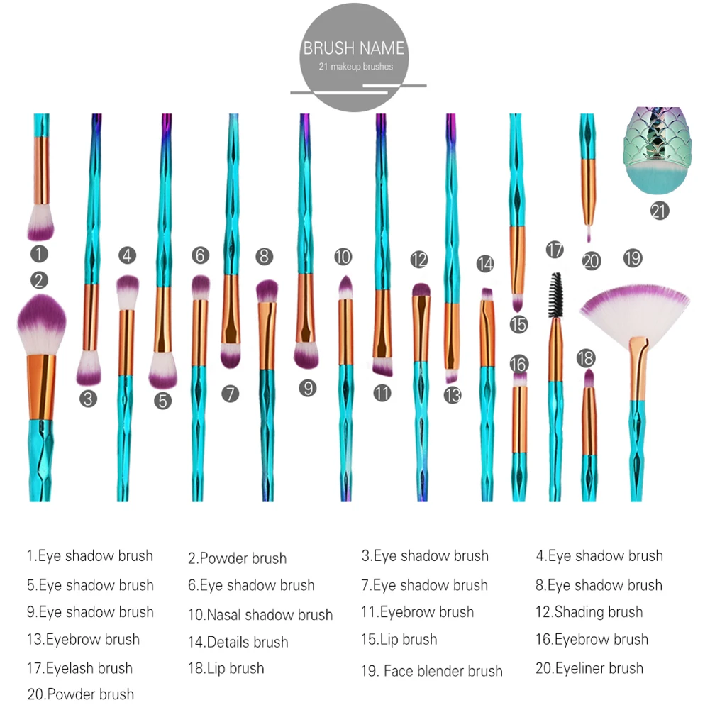 21 шт. Pro Русалка кисти для макияжа основа для бровей подводка для глаз Румяна косметическая пудра Профессиональный консилер набор кистей для макияжа