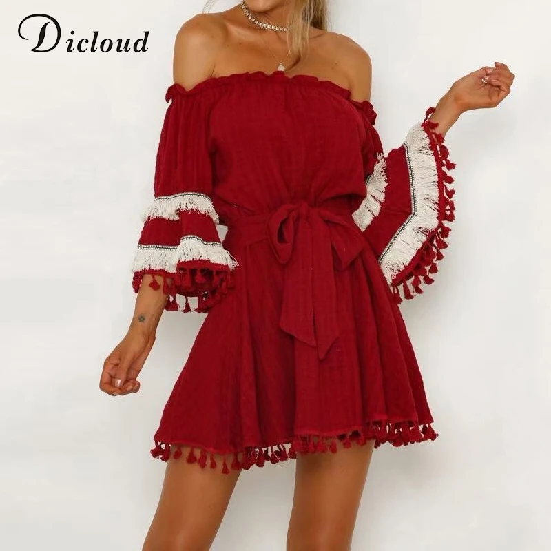 DICLOUD Off Shouler пикантные Boho лоскутные платья для женщин ленточки пляжное платье