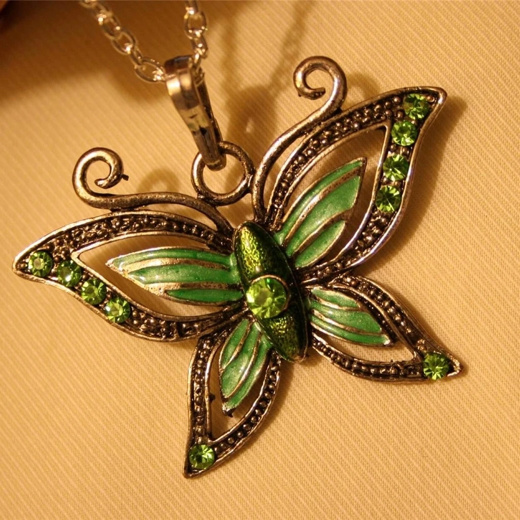 Openwork Light Dark Green Rhinestone Butterfly Silvertone Necklace