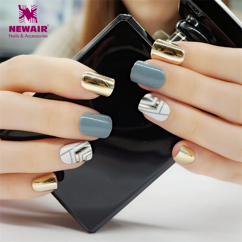 

Pre-glue Mirror False Nails with Designs Full Cover Press on Square Metallic Fake Nail Tips ABS Manicure Nail Art
