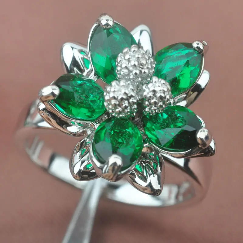 

Flower Design Green Stone Stamped 925 Silver For Women Jewelry Rings Free Shipping Size 6 7 8 9 SA009
