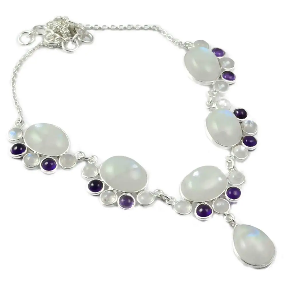 

NiaoZaiFei YunZaiKan Nature Rainbow Moonstone + Amethyst Necklace 925 Sterling Silver, 43 cm, MHBNE0056
