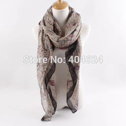 Осенне-зимний женский шарф, шифон, цветочный принт, длинный шарф, хлопок, вуаль, палантин, глушитель, дизайн, пашмины, шарфы, обёрточная бумага - Цвет: Gray Bird
