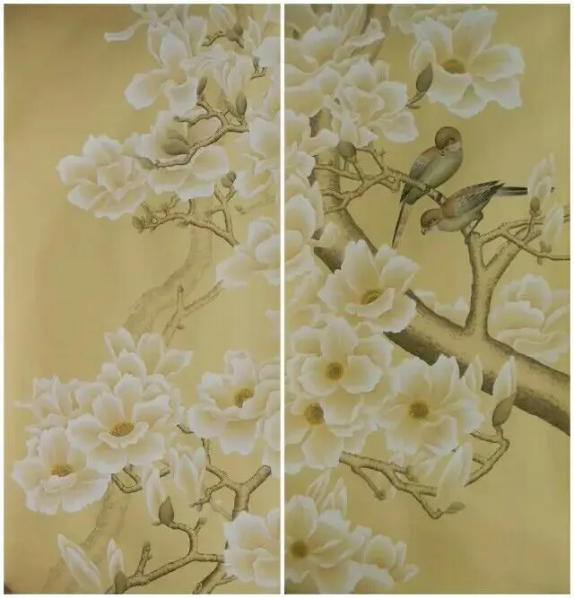 

Luxurious Hand-painted silk non-woven wallpaper painting flowers with birds many patterns and background optional