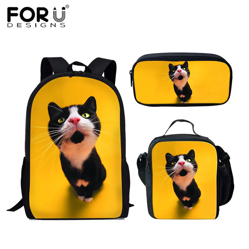 FORUDESIGNS Mochila Escolar Kawaii удивленный Кот Печать школьные сумки для детей девочек ортопедический рюкзак Карандаш сумка 3 шт. комплект