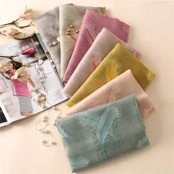 

DOWER ME Fashion Luxury Brand Embroidered Feather Silk Shawl 2017 Women New Design Luxury Brand Wool Scarves Wrap Hijab Sjaal