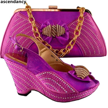 

New Arrival Fuchsia Color African Women Matching Italian Shoe and Bag Set Decorated with Rhinestone Nigerian Shoes and Bag Sets