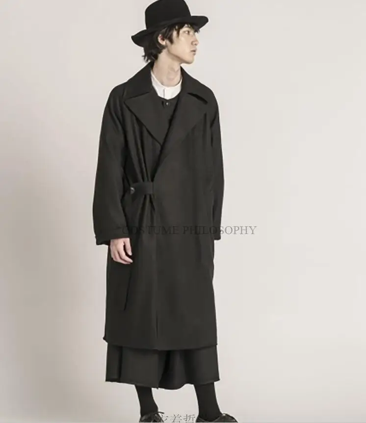 Мужское длинное темно-черное Свободное пальто, простая ветровка с отворотом. S-6XL - Цвет: Черный