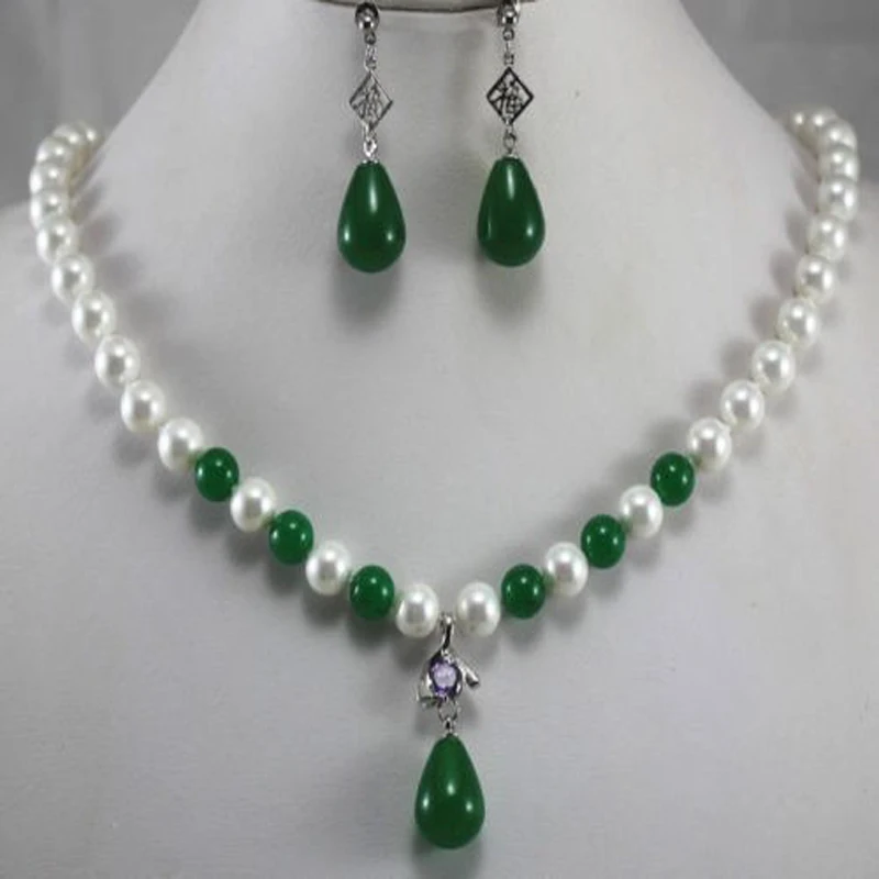 

New Women's fashion White&Dark Green Pearl/ Necklace Earring Pendant Jewelry Set AA5980