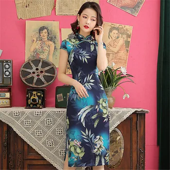 

Summer New Blue Print Flower Chinese Traditional Qipao Classic Satin Cheongsam Sexy High Split Mandarin Collar Women Dress