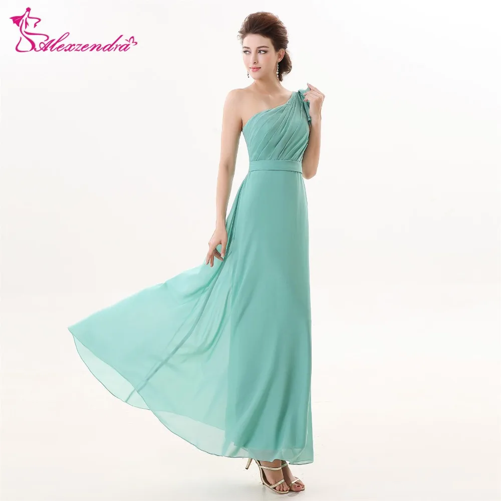Alexzendra Green Chiffon Simple Long One Shoulder Bridesmaid Dresses