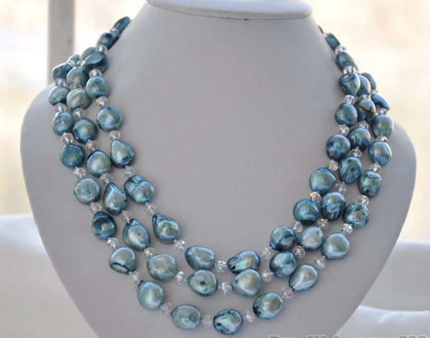 

z5687 3row 20" 14mm blue baroque pearl faceted crystal necklace