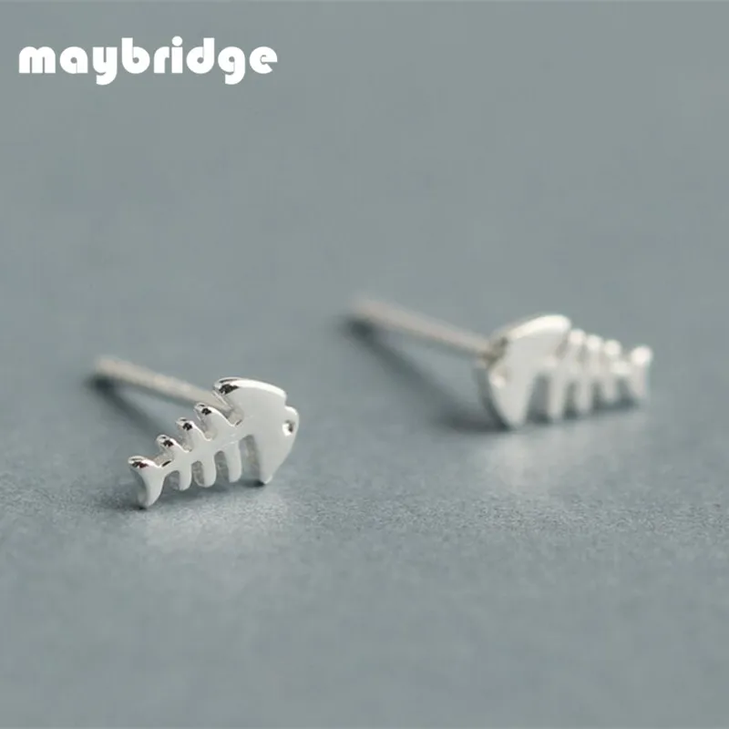 EM062 Преувеличение личность небольшой скелет рыбы мини серьги стержня Для женщин девочек 925 пробы Серебряные ювелирные изделия