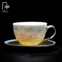 Antique Hand Engraving Chinese Dragon Pattern Shadow Celadon Ceramic Milk Coffee Cup Porcelain Tea Cup & Saucer drinkwa For Gift