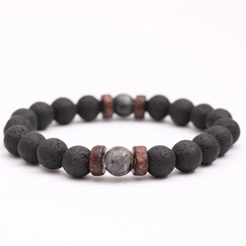 Bracelet Jewelry YIZIZAI Natural Lava Rock Stone Beads Strand Bracelet Wooden bead Accessories Black Charm Stone Men Women Jewelry Gift
