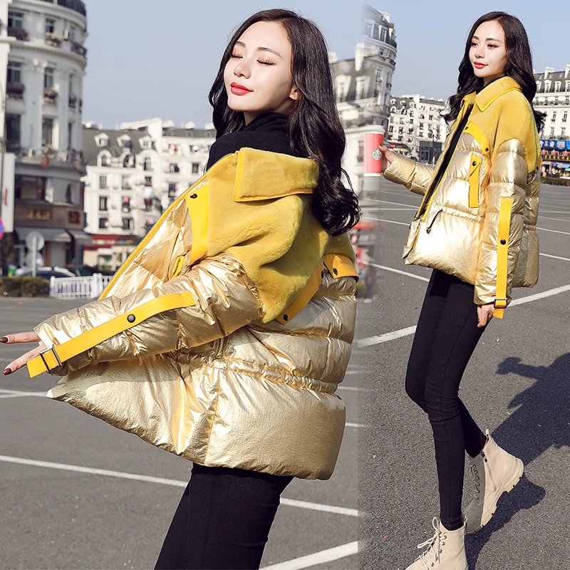 Winter Jacket Women 90% White Duck Down Coats 2019 New Arrival Glossy Patch Lamb Wool Female Parka Tied Waist Womens Down Jacket