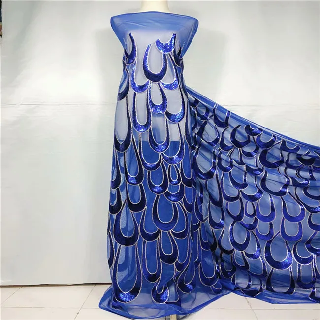 

2019 african sequence lace for wedding dresses Nigerian African tulle lace fabric with sequins in royal blue 627