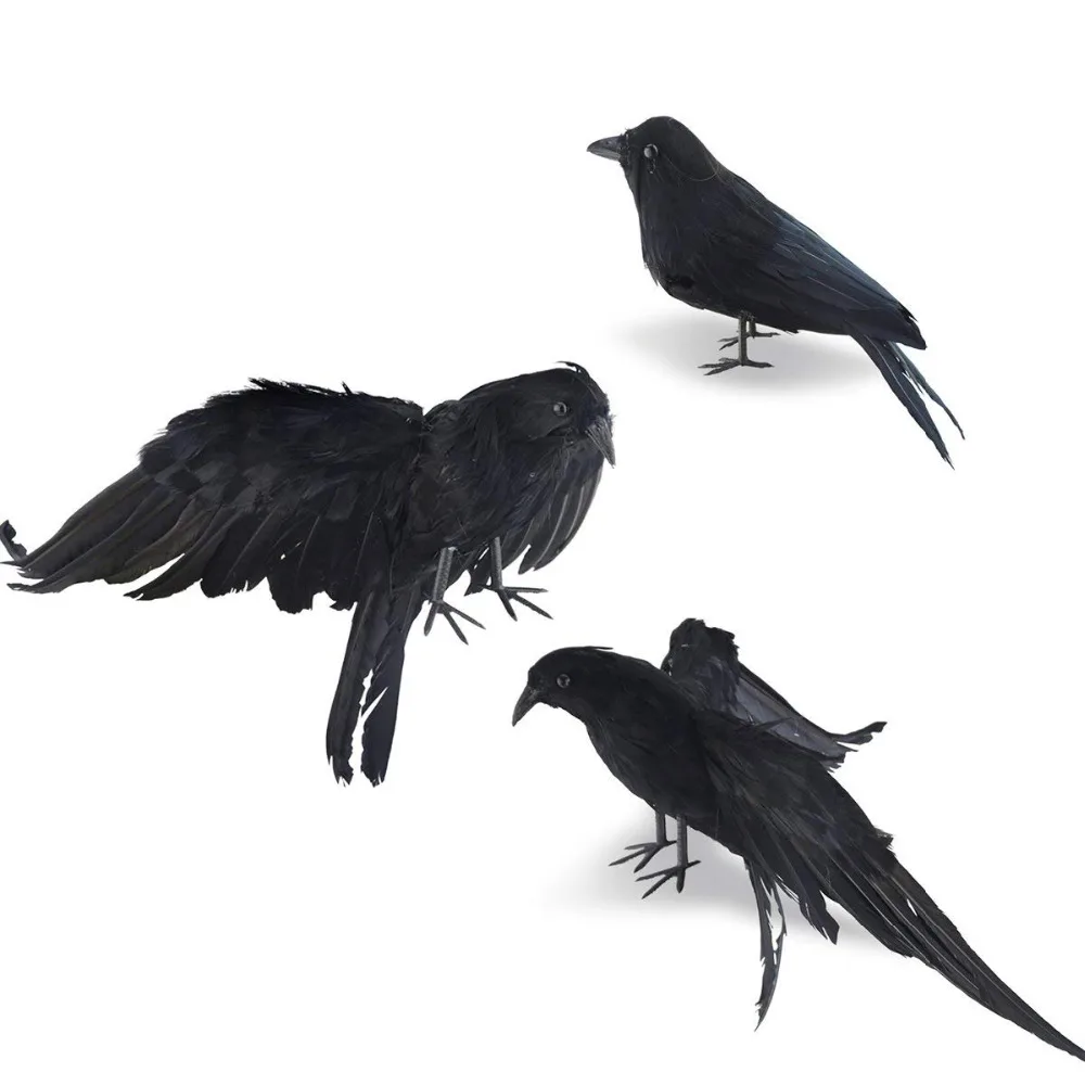

3pcs/set Halloween Realistic Handmade Crow Prop Black Feathered Crow Fly and Stand Crows Ravens Crow Decoration