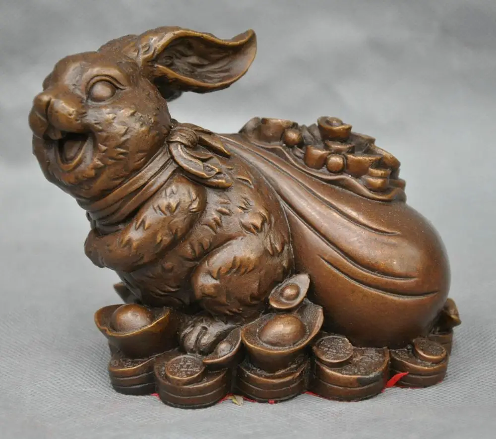 

6" China Fengshui Bronze Zodiac Year Rabbit Bunny Drag Coin Money Bag Statue