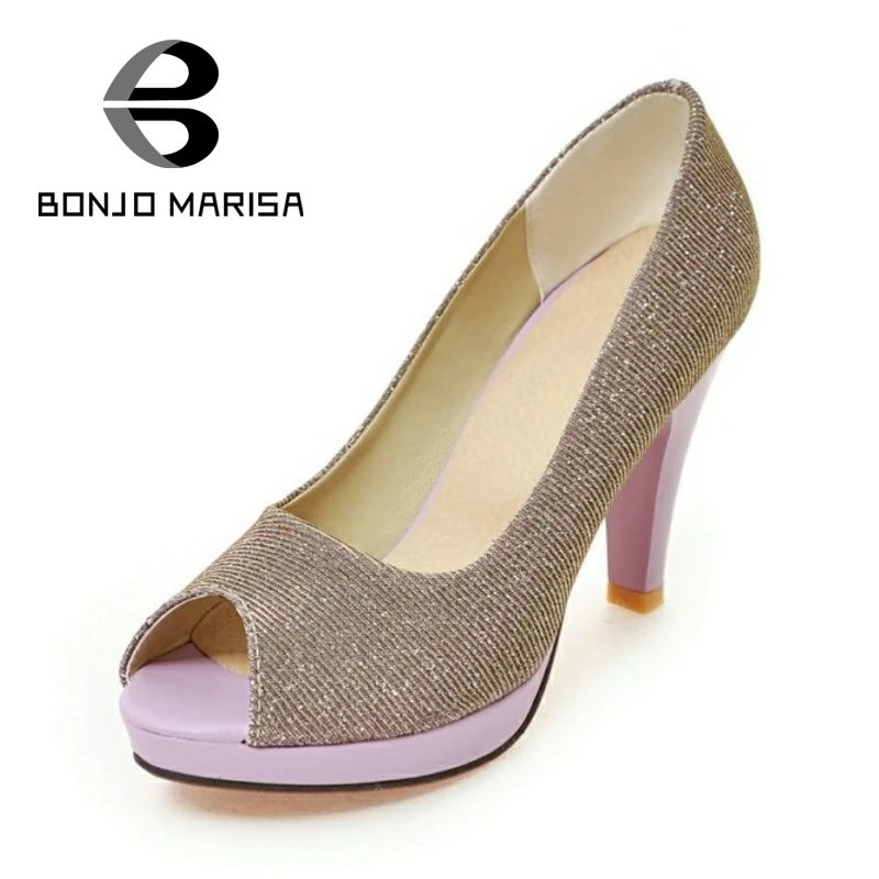 

BONJOMARISA 2017 Big Size 32-43 Women Pumps Open Toe Sequined Cloth Upper High Heel Shoes Woman European Stylish Office Pumps