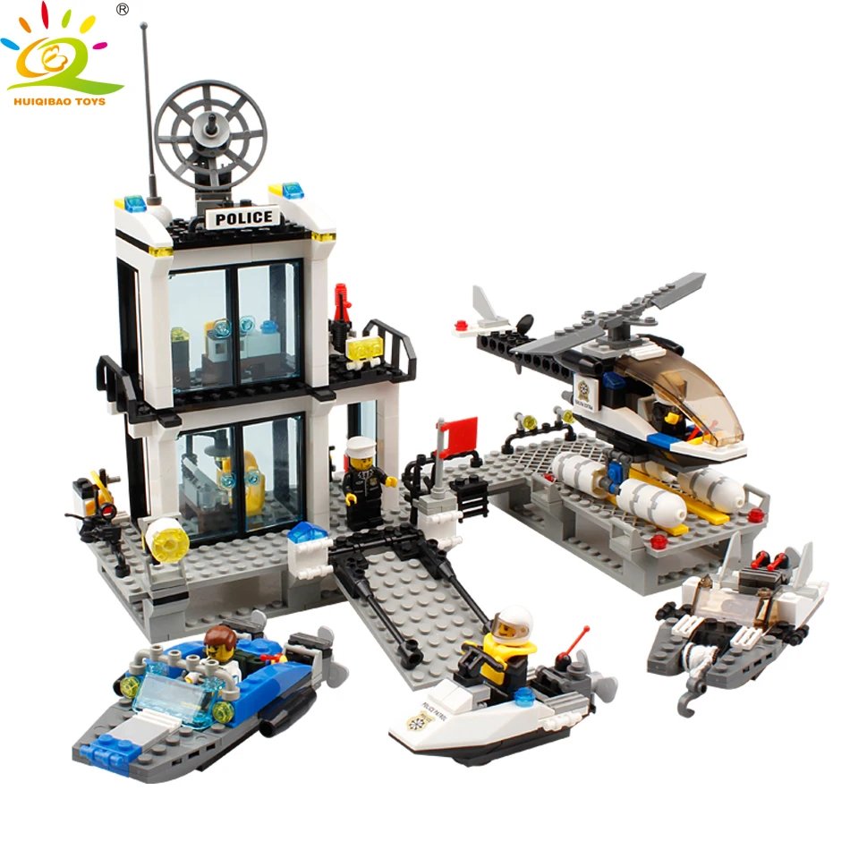 

HUIQIBAO TOYS 536pcs Police Station Patrol boat Helicopter Building Blocks For Children Compatible Legoed City policeman Figures