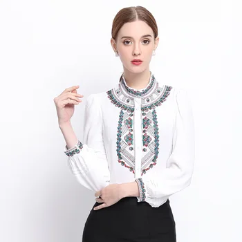 

2019 Summer New Arrival Women's Embroidery Skinny Long-sleeved Shirt Vertical Round Collar Lantern Sleeve Office-lady Blouse