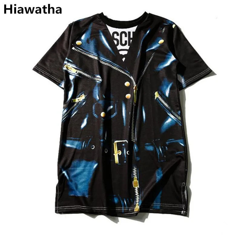 Hiawatha Personality Zipper Printed Tops Tees Women Mid-Long Short Sleeve T Shirt Harajuku Style Loose Girl T-Shirts T3665 | Женская