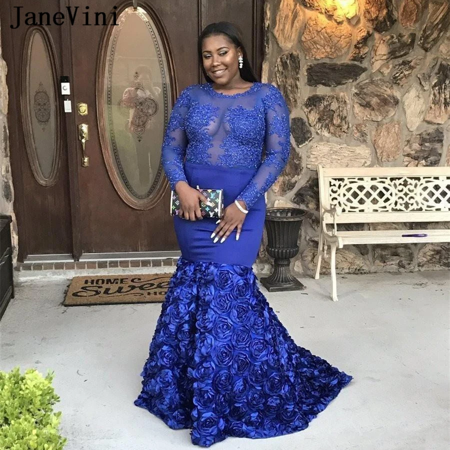 Janevini Sexy African Long Sleeve Royal Blue Prom Dresses Appliques 3d Flowers Illusion Satin Mermaid Prom Dress For Black Girls Prom Dresses Aliexpress