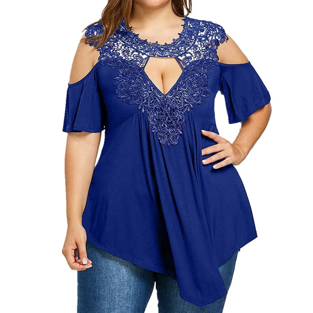 

5XL Plus Size Women Lace Blouses Hollow Out O-Neck Solid Short Sleeve Pullover Sexy Casual Summer Women Tops Blusas Femme 4EM