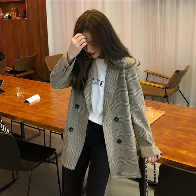 Office Ladies Notched Collar Plaid Women Blazer Double Breasted Autumn Jacket 2020 Casual Pockets Female Suits Coat -