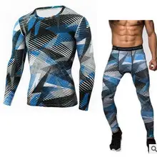 Новинка, мужские комплекты для фитнеса, камуфляжные компрессионные рубашки+ леггинсы, базовый слой, брендовая футболка с длинным рукавом, одежда