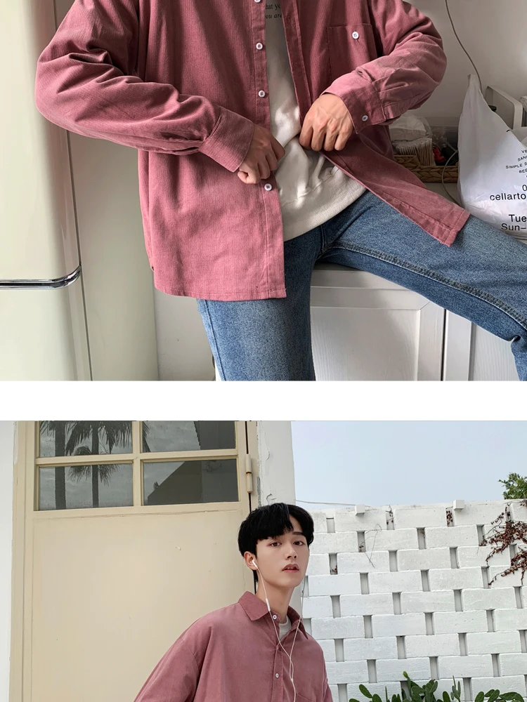 2019 корейский стиль Для Мужчин's Новая одежда BF ветер вельвет рубашки версия хорошего одежда с длинным рукавом черный/хаки/розы Цвет пальто