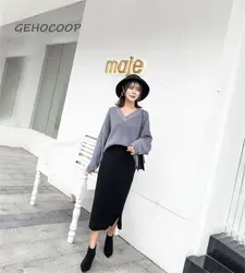 GEHOCOOP юбки для женщин женские Saia Миди черный Faldas Mujer Moda Высокая талия Femininas Elegante Jupe корейский вязаный Colegial прямые