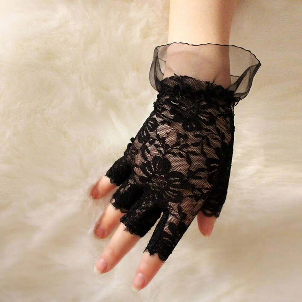 Короткие женские сексуальные кружевные перчатки без пальцев, зима, черные женские перчатки с открытыми пальцами, перчатки-сетка с подогревом, женские перчатки, 18Nov