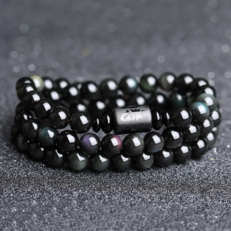 

Natural Rainbow Obsidian Beaded Bracelet For Couples Dragon And OM Mantra Engraved Ice Obsidian Stone Braceletes Masculinos