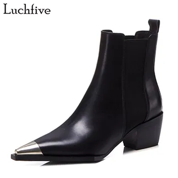 

Luchfive Fashion Genuine Leather Boots Woman Square Heel Metal Pointed Toe Ankle Boots Motorcycle Knight Shoes Woman Bota