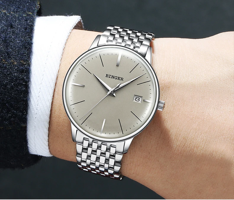 BINGER ультра-тонкие мужские серебристо-серые часы с циферблатом, автоматические механические наручные часы, стальные часы с календарем, дисплей
