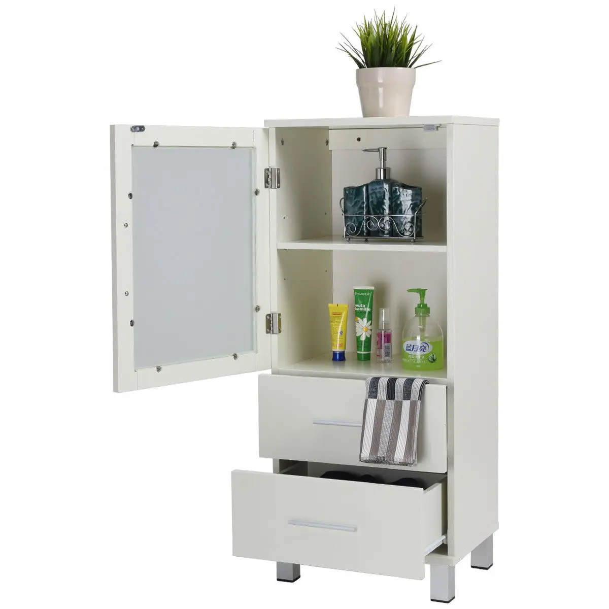 Giantex Modern Wood Floor Cabinet Storage Unit Organizer Stand Chest with 2 Drawers Glass Door Living Room Furniture HW56630