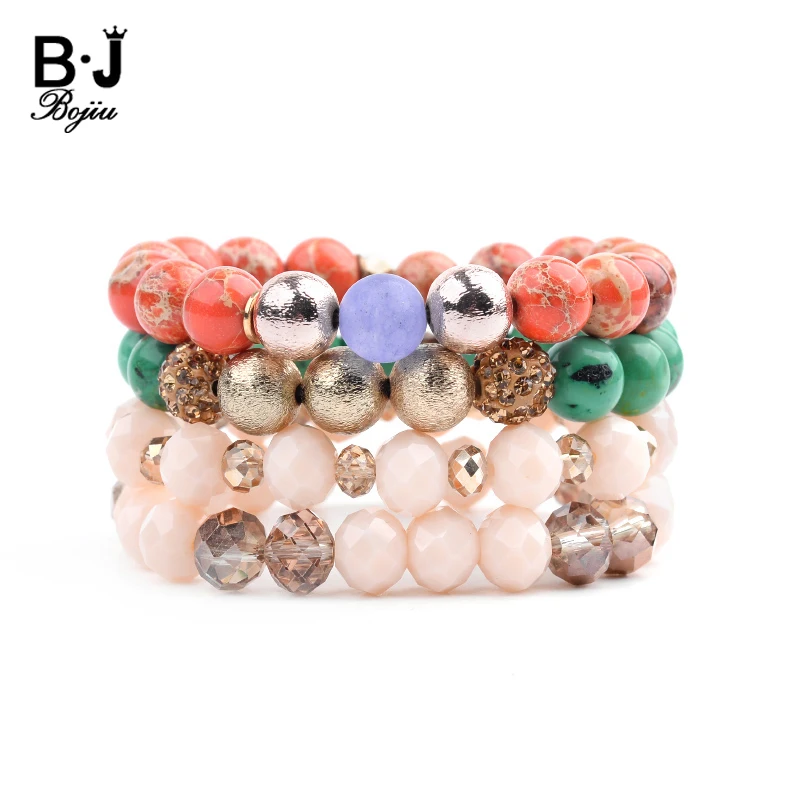BOJIU 4 шт./компл. классические Для женщин Браслеты натуральная бирюза оранжевый империи камень светильник розового цвета в виде граненых стеклянных Браслеты BCSET264
