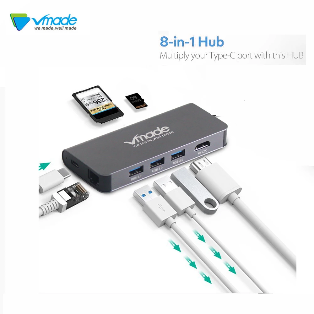 Vmade 8 in1 USB tipo C 31 HUB para tipo C a USB 3/30/4 K HDMI/RJ45 Ethernet/Micro SD TF lector de t