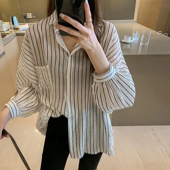 

Women Loose Bf Style Striped White Shirt Wild Summer Female Blouse Lapel Long Sleeve Turndown Collar Black Blouses