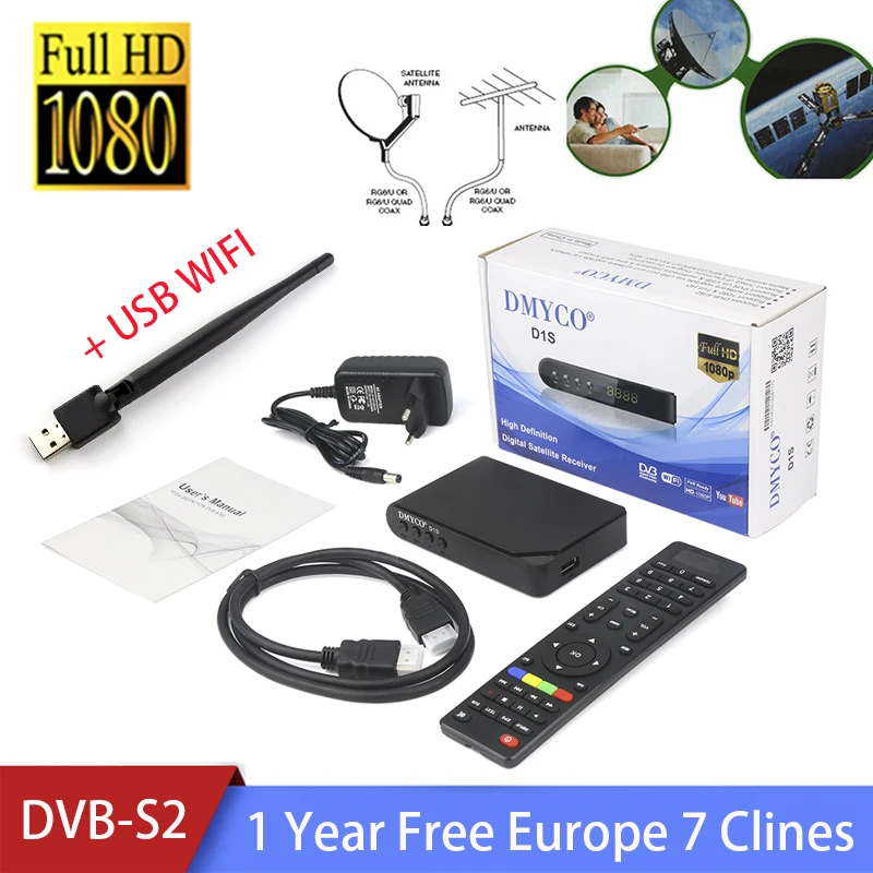 

DMYCO HD Satellite TV Receptor DVB-S2 LNB TV Tuner Satellite Receiver 1 Year Europe Channel 1080P Spain DVB HD Decoder +USB WIFI
