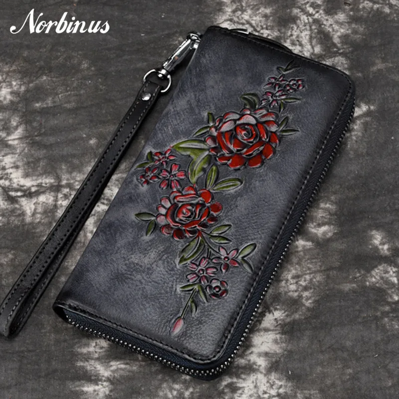 

Norbinus Real Cowhide Women's Purse Genuine Leather Long Wallet Embossed Female Zipper Clutch Bags Ladies Card Holder Handy Bag