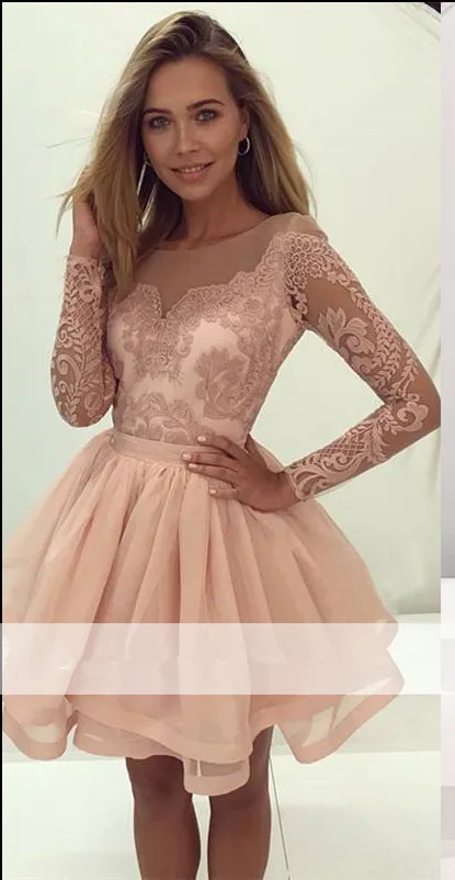 

Peach 2019 Homecoming Dresses A-line Long Sleeves Short Mini Tulle Lace See Through Elegant Cocktail Dresses
