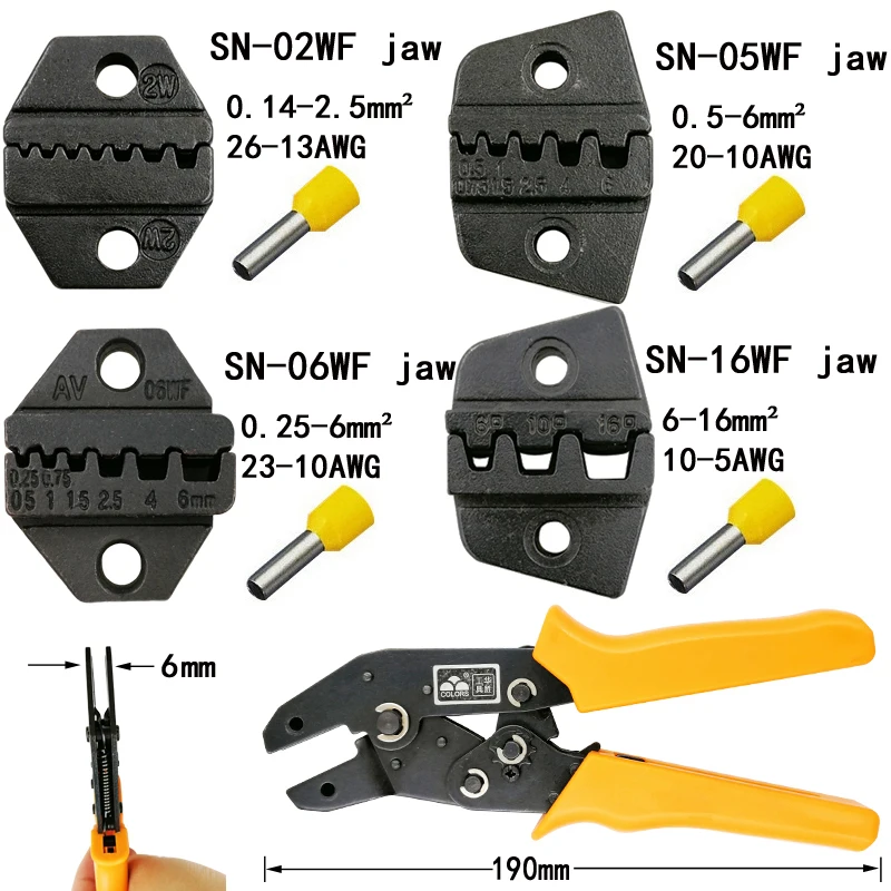 

COLORS crimping pliers jaw (jaw width 6mm/pliers 190mm) for insulated non-insulated tubular terminals SN-02WF SN-06WF SN-16WF
