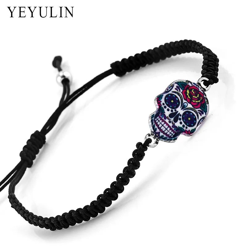 

Trendy Alloy Male Rhinestone Skull Head Charms Bracelets For Men Boys Adjustable Skeleton Braided Bangle In Charm Bracelets 1pcs
