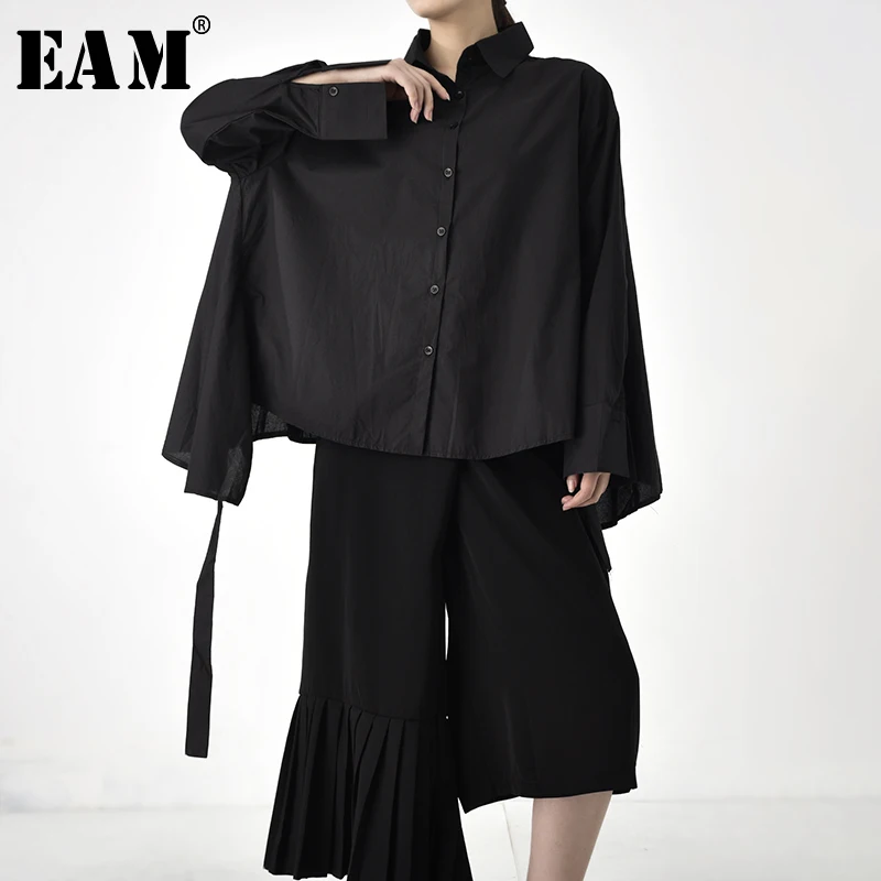 

[EAM] Women Black Ribbon Oversize Asymmetrical Blouse New Lapel Long Sleeve Loose Fit Shirt Fashion Spring Autumn 2019 JO5590