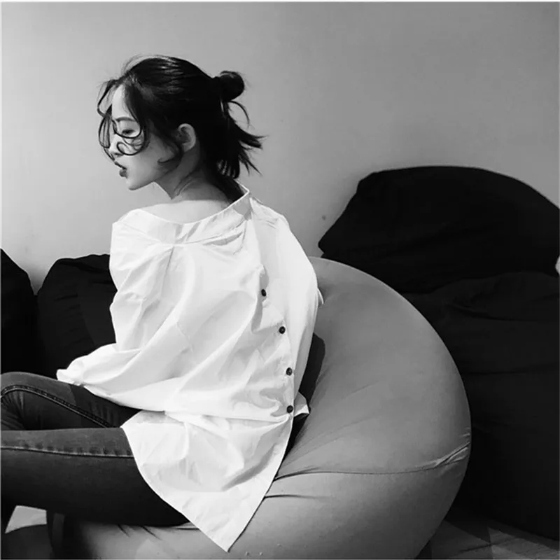 

2019 Spring and Summer Elegant Women Shirts Retro Simple White Shirts Cotton Casua Open Fork Design Shirts
