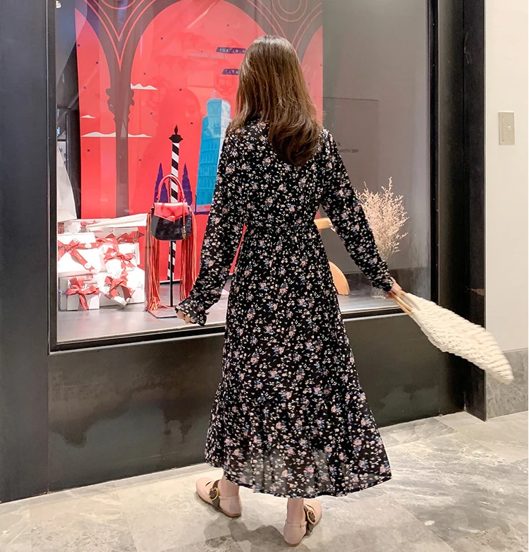 Платье женский, черный Цветочный принт праздничные платья с длинными рукавами огненно шифоновые платья Демисезонный в Корейском стиле с воротником-стойкой и галстуком-бабочкой высокого приталенное платье LR10