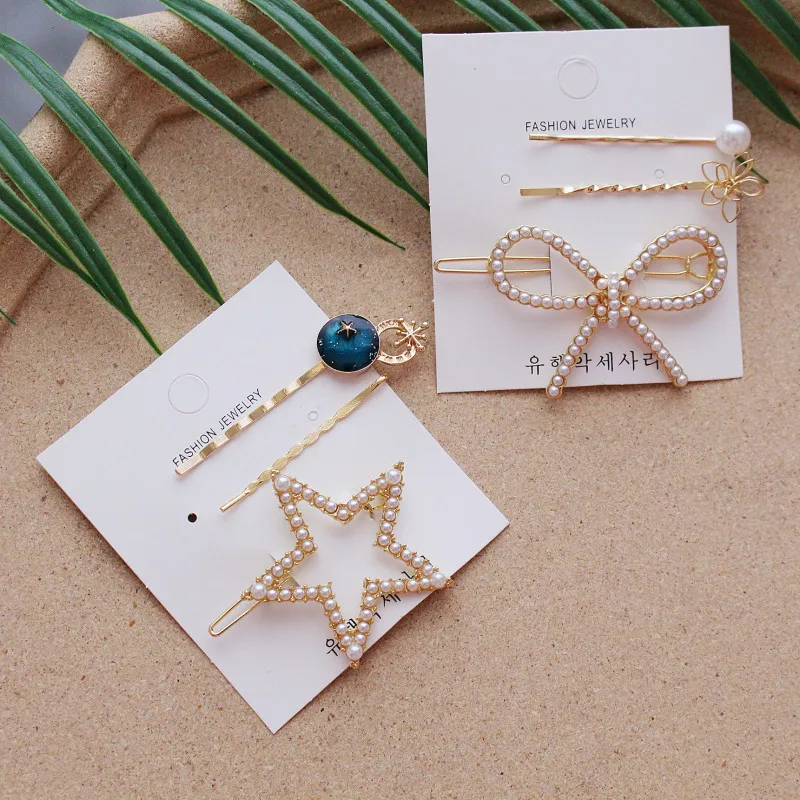 

3PCS/set Korea Fashion Metal Hairpins Imitiation Pearl Colorful Beads Hair Clips for Women Irregular Geometric Hair Accessories